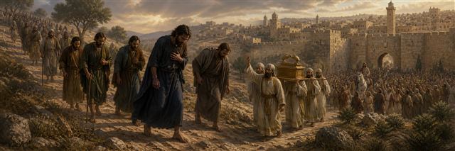 David climbing the Mount of Olives in grief while Absalom’s supporters fill Jerusalem